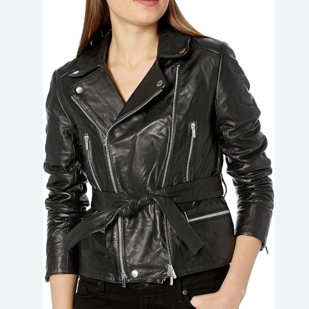 French Connection Black Leather Moto Jacket with Waist Tie